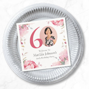 Elegant Pink Floral Photo 60th Birthday Party Napkin