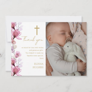 Elegant Pink Floral Photo Baptism Christening Thank You Card