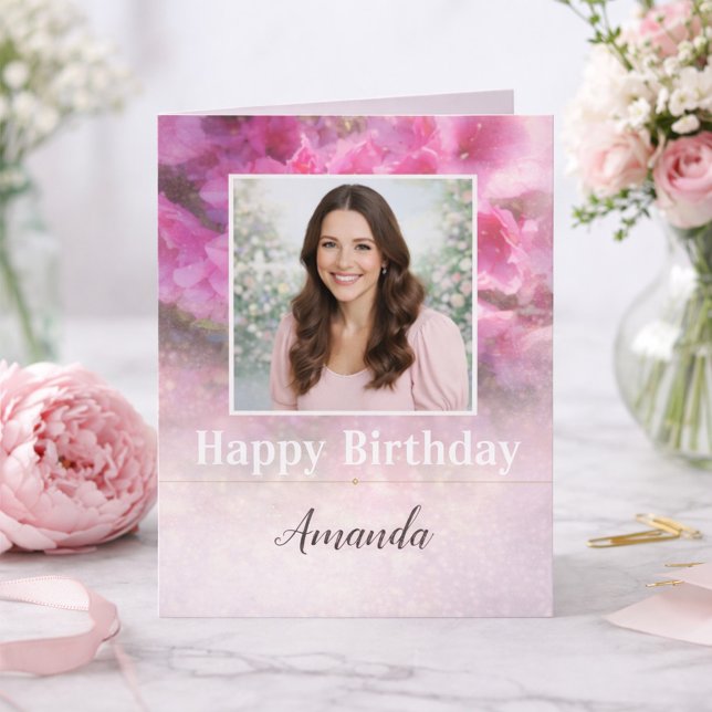Elegant Pink Floral Photo Birthday for Her  Card (Creator Uploaded)