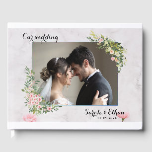 Elegant Pink floral Photo Cherry Blossom Wedding  Guest Book