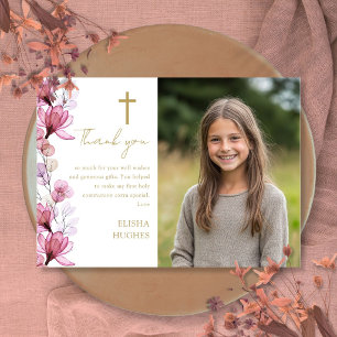 Elegant Pink Floral Photo First Holy Communion Thank You Card