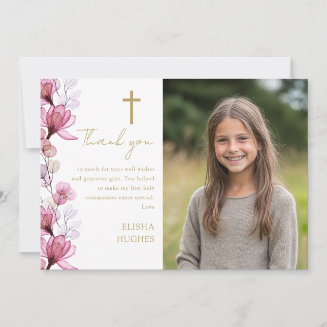 Elegant Pink Floral Photo First Holy Communion Thank You Card (Front)