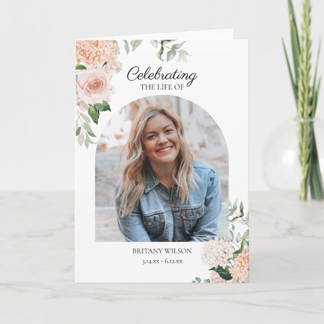 Elegant Pink Floral Photo Funeral Memorial Programme (Front)