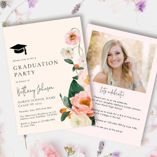 Elegant Pink Floral Photo Graduation Party Invitation