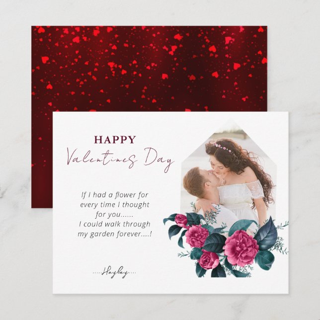 Elegant Pink Floral Photo Horizontal Valentines   Holiday Card (Front/Back)