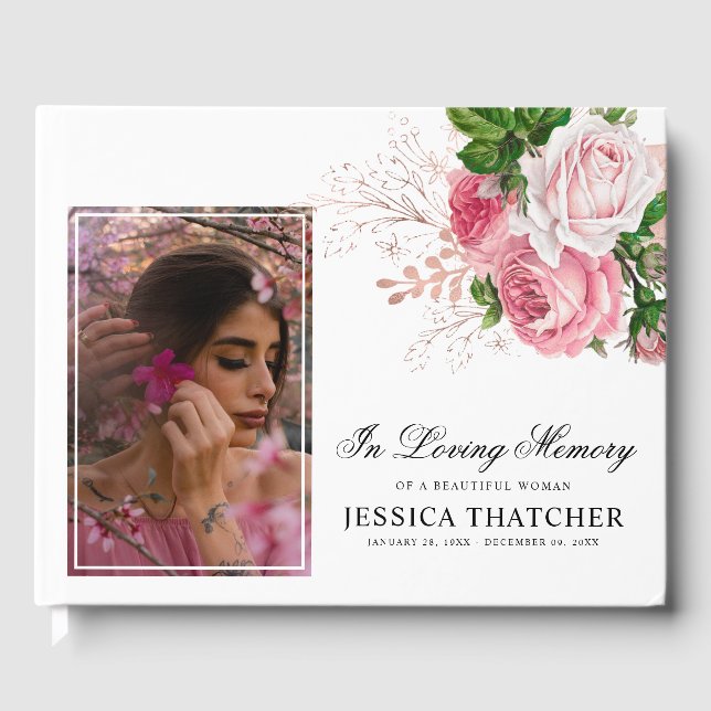 Elegant Pink Floral Photo Memorial Keepsake Guest Book (Front)