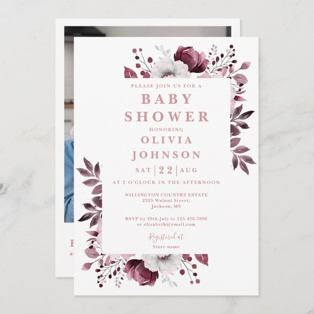 Elegant Pink Floral Photo QR Code Baby Shower Invitation (Front/Back)