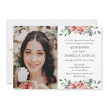 Elegant Pink Floral Photo Quinceañera Invitation