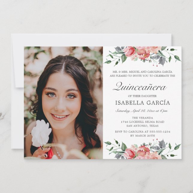 Elegant Pink Floral Photo Quinceañera Invitation (Front)