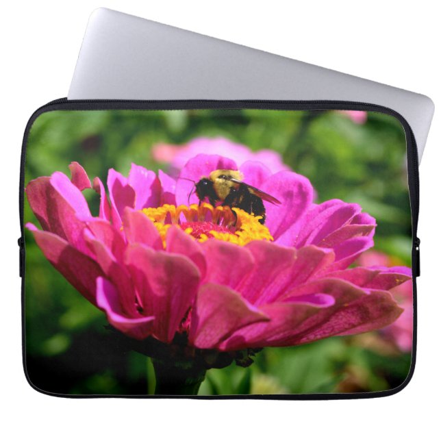 Elegant pink floral pink flower cute bumblebee bee laptop sleeve (Front)