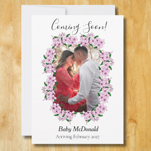 Elegant pink floral pregnancy announcement card