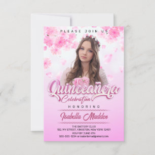 Elegant Pink Floral Princess Quinceanera Photo Invitation