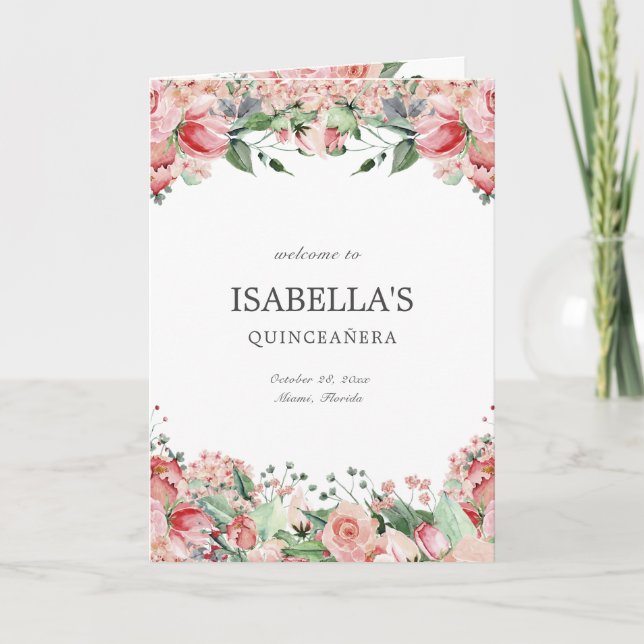 Elegant Pink Floral Quince Princess Padrinos Event Programme (Front)