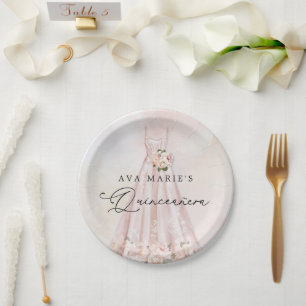 Elegant Pink Floral Quinceañera Birthday Paper Plate