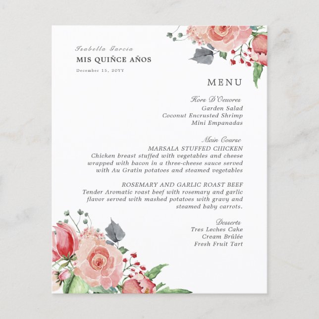 Elegant Pink Floral Quinceanera Food Drinks Menu (Front)