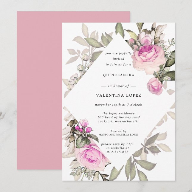 Elegant Pink Floral Quinceanera Invitation (Front/Back)