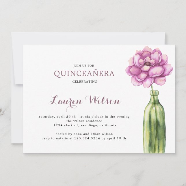 Elegant Pink Floral Quinceanera Invitation (Front)