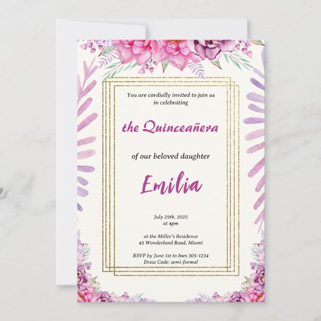 Elegant Pink Floral Quinceañera Invitation Card (Front)