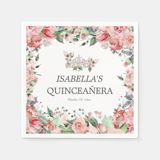 Elegant Pink Floral Quinceañera Party Napkin (Front)