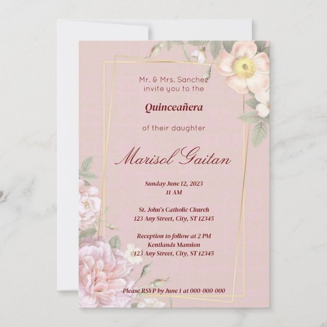 Elegant Pink Floral Quinceañera/Wedding Invitation (Front)