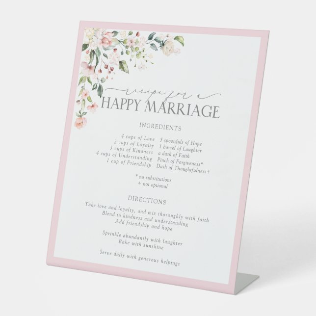 Elegant Pink Floral Recipe for a Happy Marriage Pedestal Sign (Front)