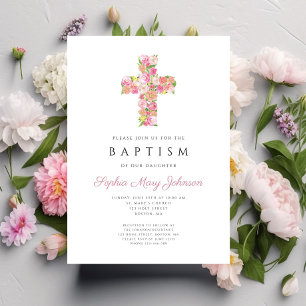 Elegant Pink Floral Religious Cross Baptism Invitation