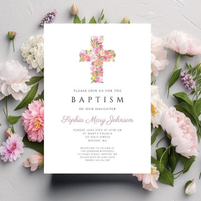 Elegant Pink Floral Religious Cross Baptism Invitation (Elegant Pink Floral Religious Cross Baptism Invitation)