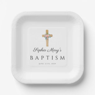 Elegant Pink Floral Religious Cross Baptism Paper Plate