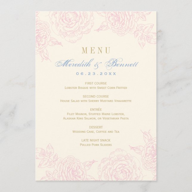 Elegant Pink Floral Rose Border Wedding Menu (Front)