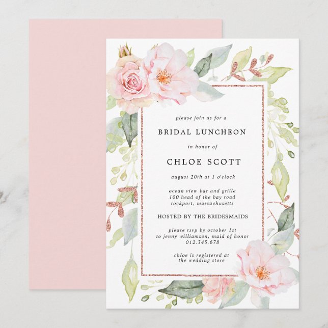 Elegant Pink Floral Rose Gold Bridal Luncheon Invitation (Front/Back)