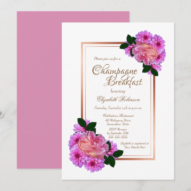 Elegant Pink Floral Rose Gold Champagne Breakfast Invitation (Front/Back)