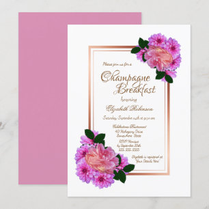 Elegant Pink Floral Rose Gold Champagne Breakfast Invitation