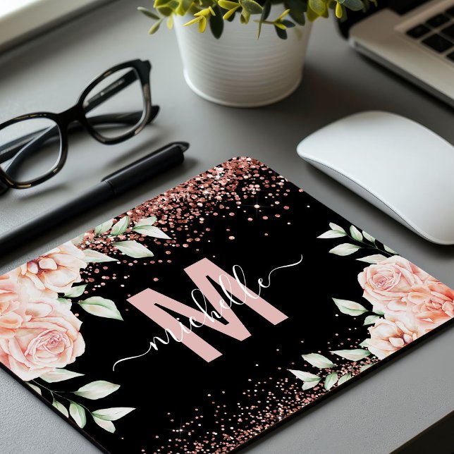 Elegant Pink Floral Rose Gold Glitter Monogram Mouse Mat (Creator Uploaded)