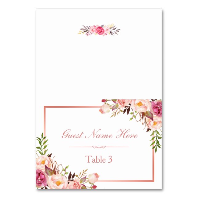 Elegant Pink Floral Rose Gold Wedding Place Escort Table Number (Front)