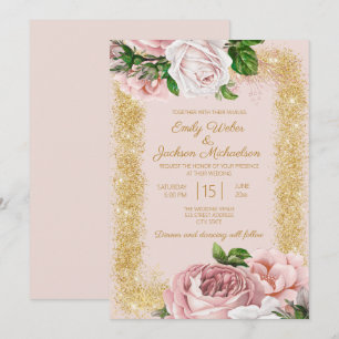 Elegant Pink Floral Roses Gold Glitter Wedding Invitation