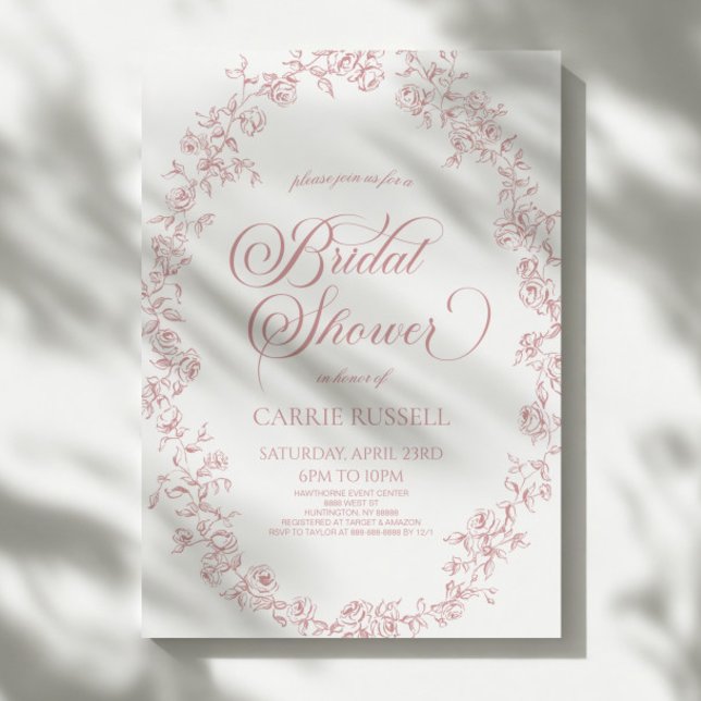 Elegant Pink Floral Roses Line Art Bridal Shower Invitation (Creator Uploaded)