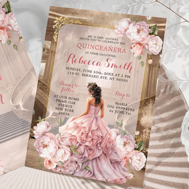 Elegant Pink Floral Royal Grand Palace Quinceañera Invitation (Creator Uploaded)