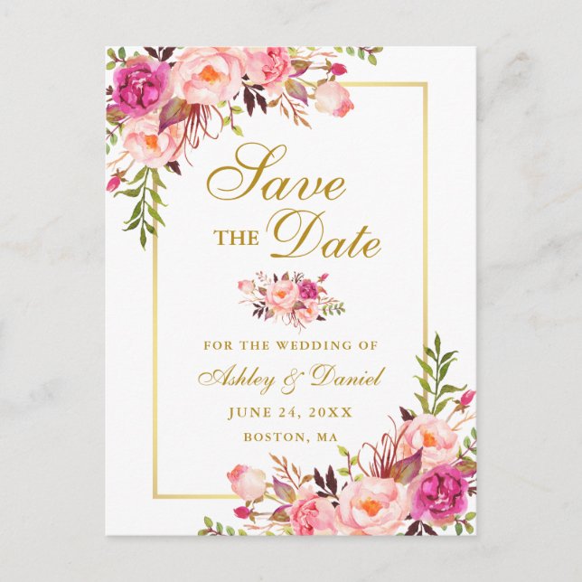 Elegant Pink Floral Save the Date Gold Announcement Postcard (Front)
