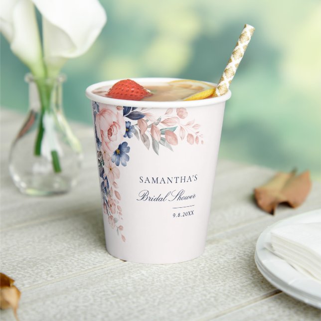 Elegant Pink Floral Script Bridal Shower Paper Cups (Insitu)