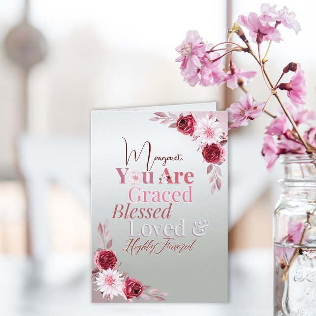 Elegant Pink Floral Script Graced Blessed Loved   Note Card (Creator Uploaded)
