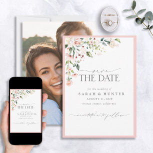 Elegant Pink Floral Script Photo Wedding Save The Date