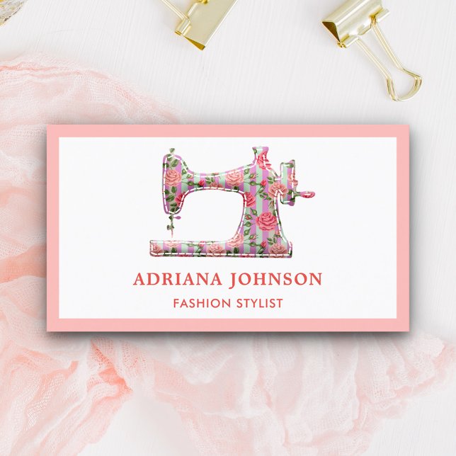 Elegant Pink Floral Sewing Machine Fashion Stylist Business Card (Creator Uploaded)