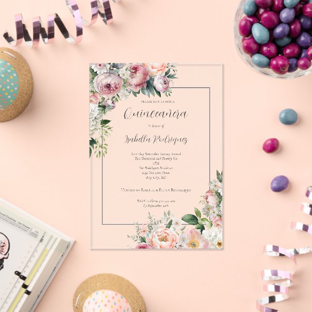 Elegant Pink Floral Silver Border Quinceañera Acrylic Invitations (Insitu (Celebration))