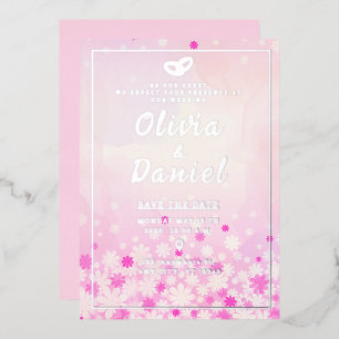 Elegant Pink Floral Silver Foil Invitation