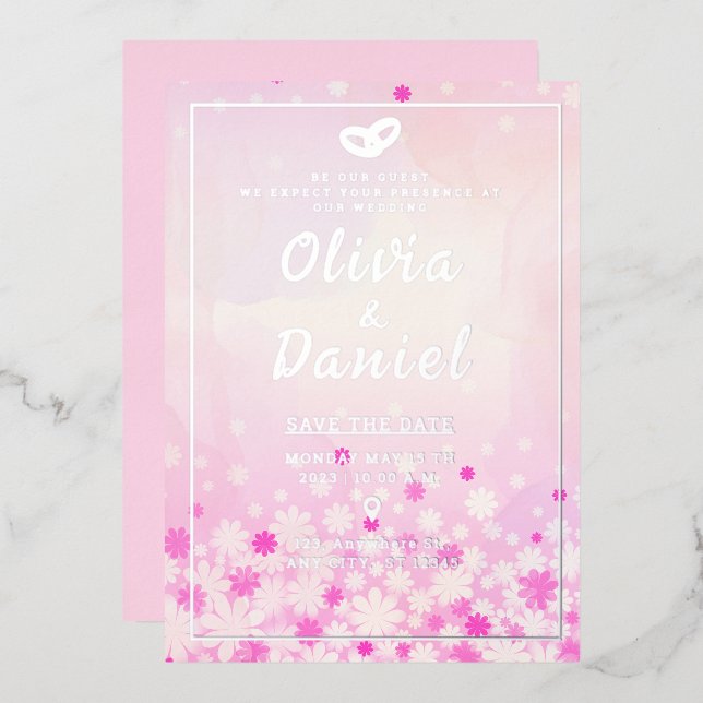  Elegant Pink Floral Silver Foil Invitation (Front/Back)