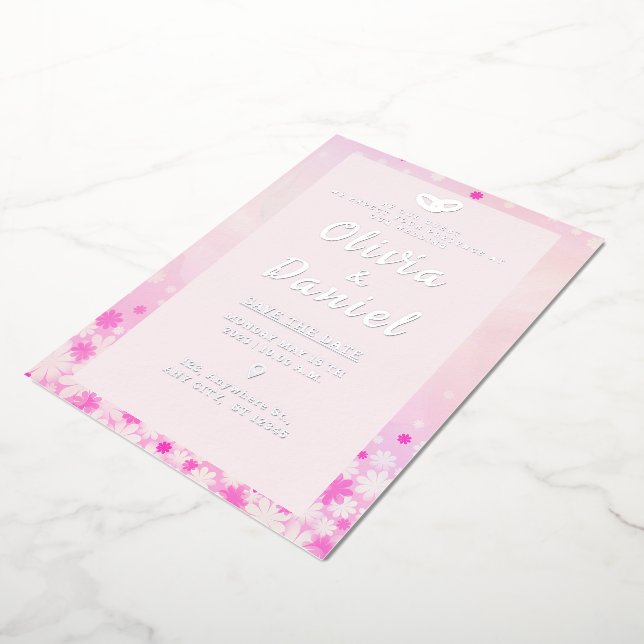 Elegant Pink Floral Silver Foil Invitation (Rotated)