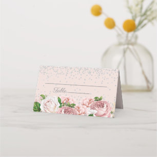 Elegant Pink Floral Silver Glitter  Place Card
