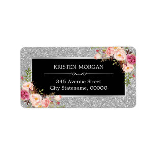 Elegant Pink Floral Silver Grey Glam Glitter Label