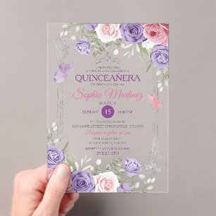 Elegant Pink Floral Silver Purple Girl Quinceañera Acrylic Invitations