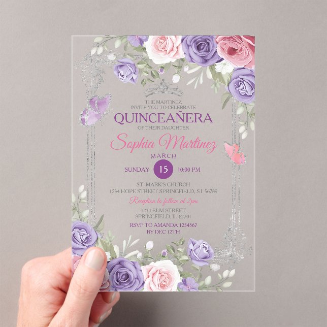 Elegant Pink Floral Silver Purple Girl Quinceañera Acrylic Invitations (Insitu (Handheld))